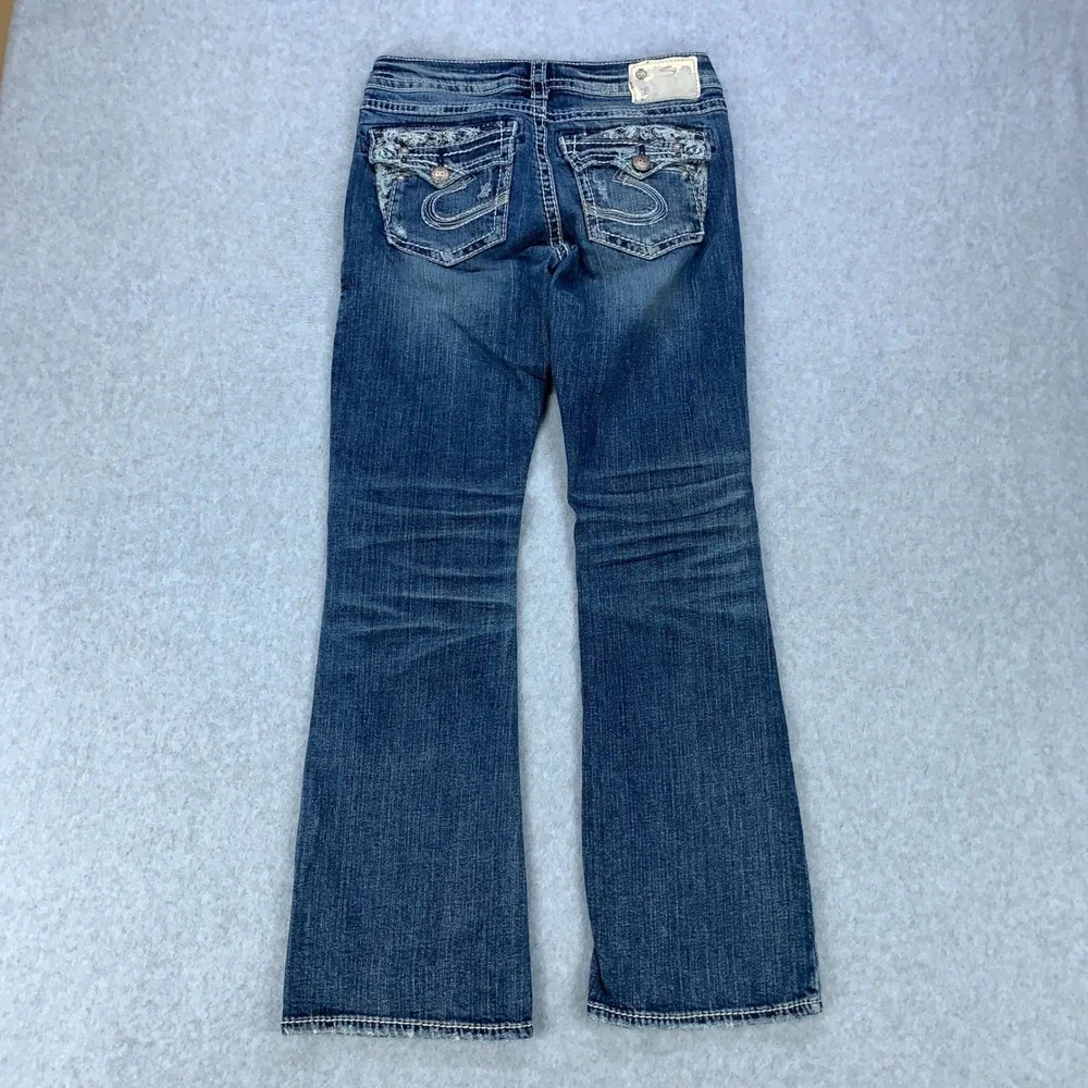 Silver Jeans Tuesday Low Boot Women 27 Blue Distressed Embroidered Bootcut Denim